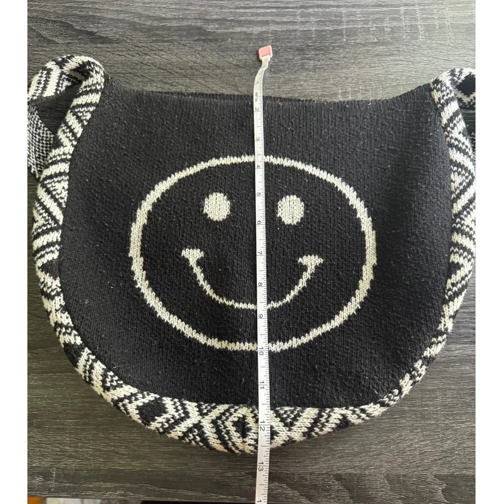 Black Knit Smiley Face Hobo Bag Geometric Diamond Trim Shoulder Bag